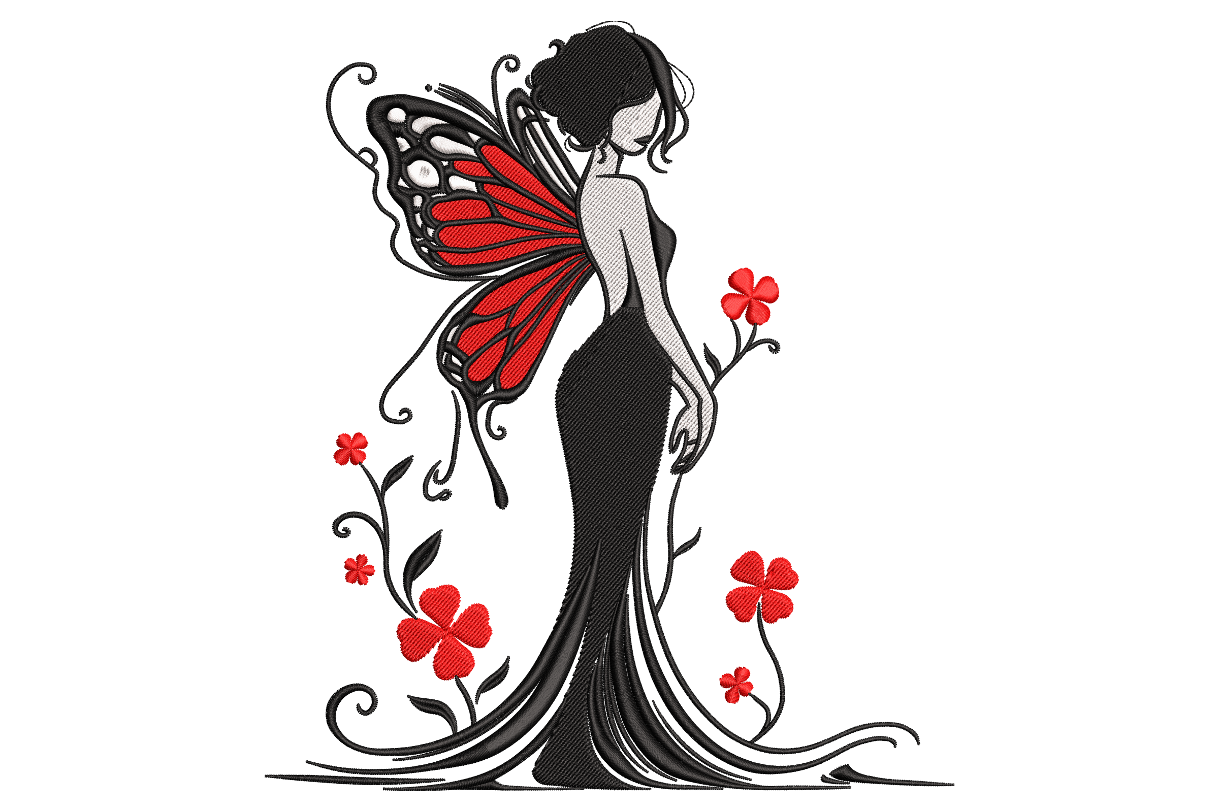 Fairy Embroidery Design – Elegant Butterfly Wing Fairy with Flowers ...