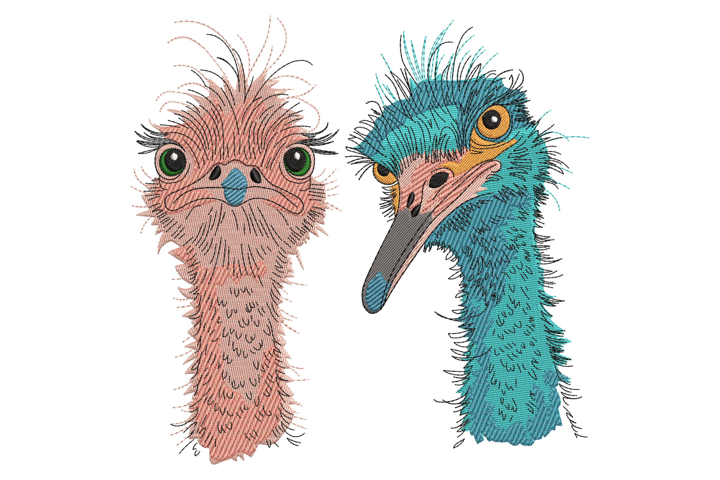 Ostrich Embroidery Design – Funny Pair with Feathers & Big Eyes
