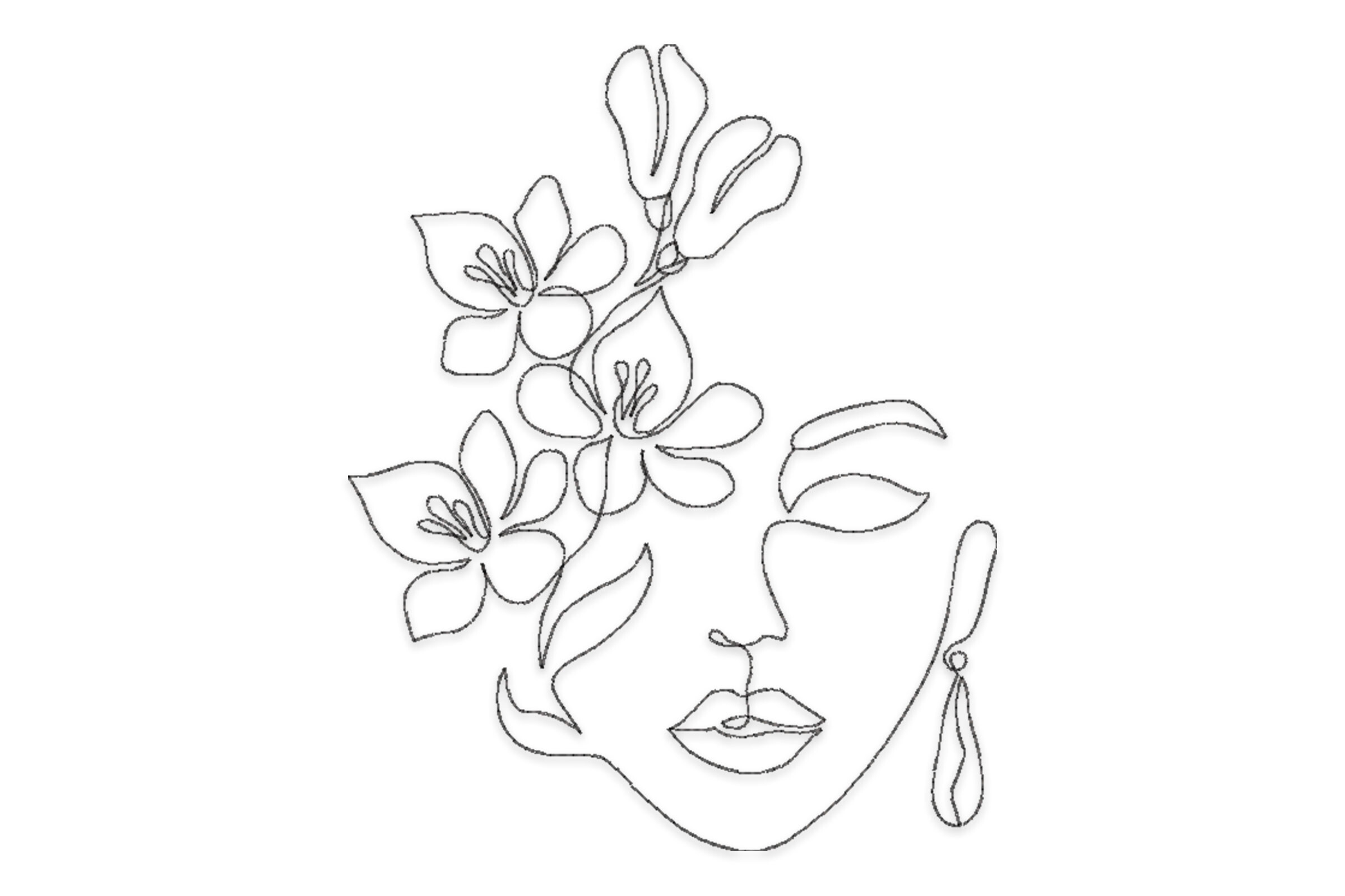 Woman with Flowers Line Art Embroidery Design – Minimalist Face Outline