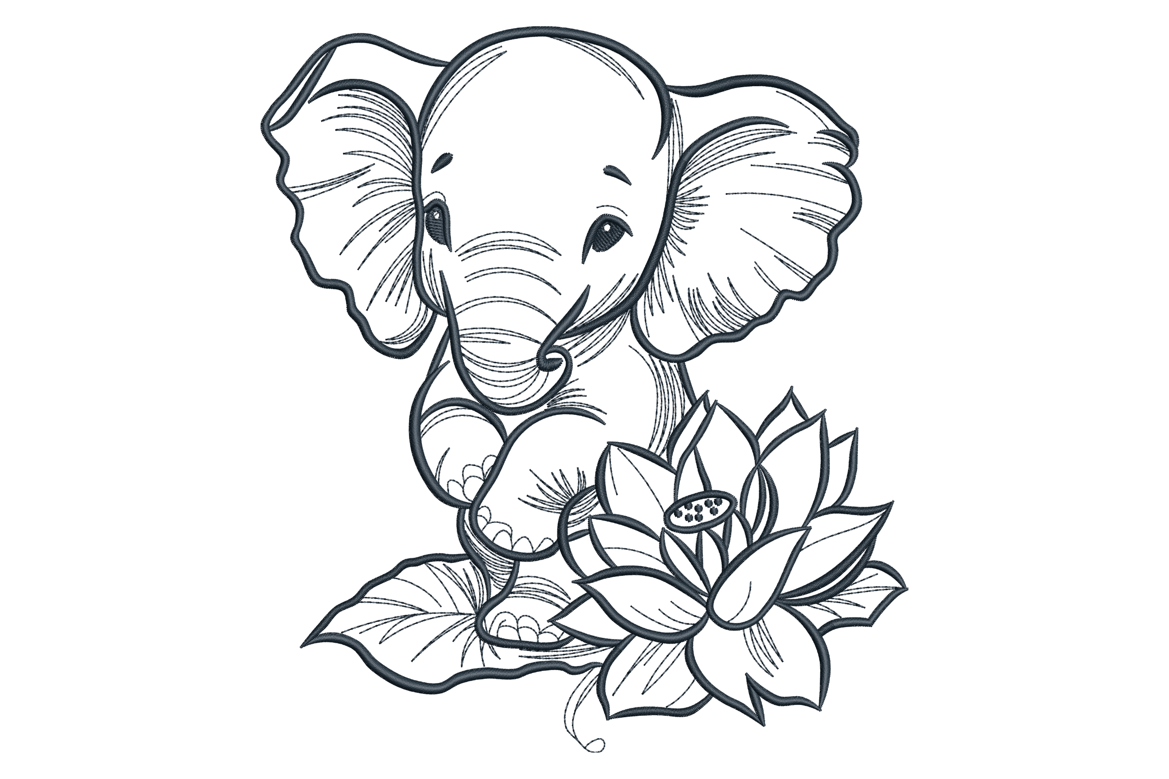 Linework Baby Elephant & Lotus – Minimalist Embroidery