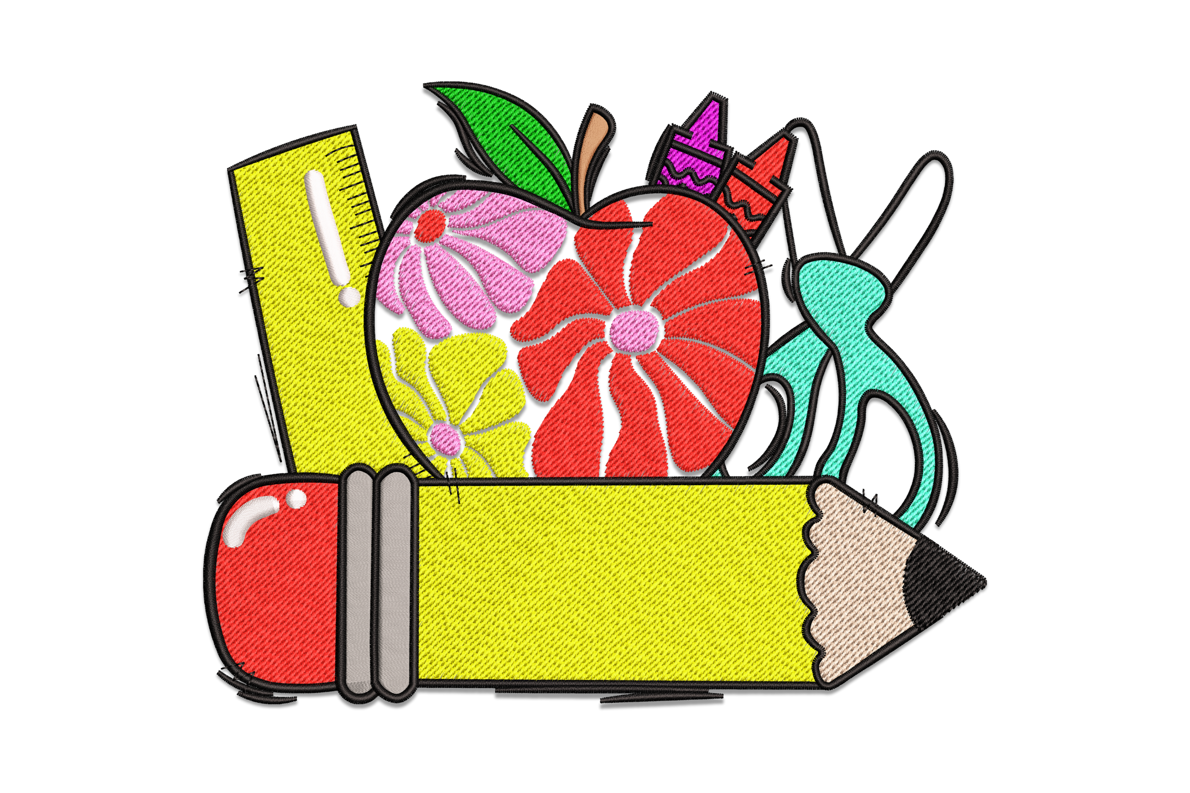 Floral Apple Pencil – School Supplies Teacher Embroidery Design