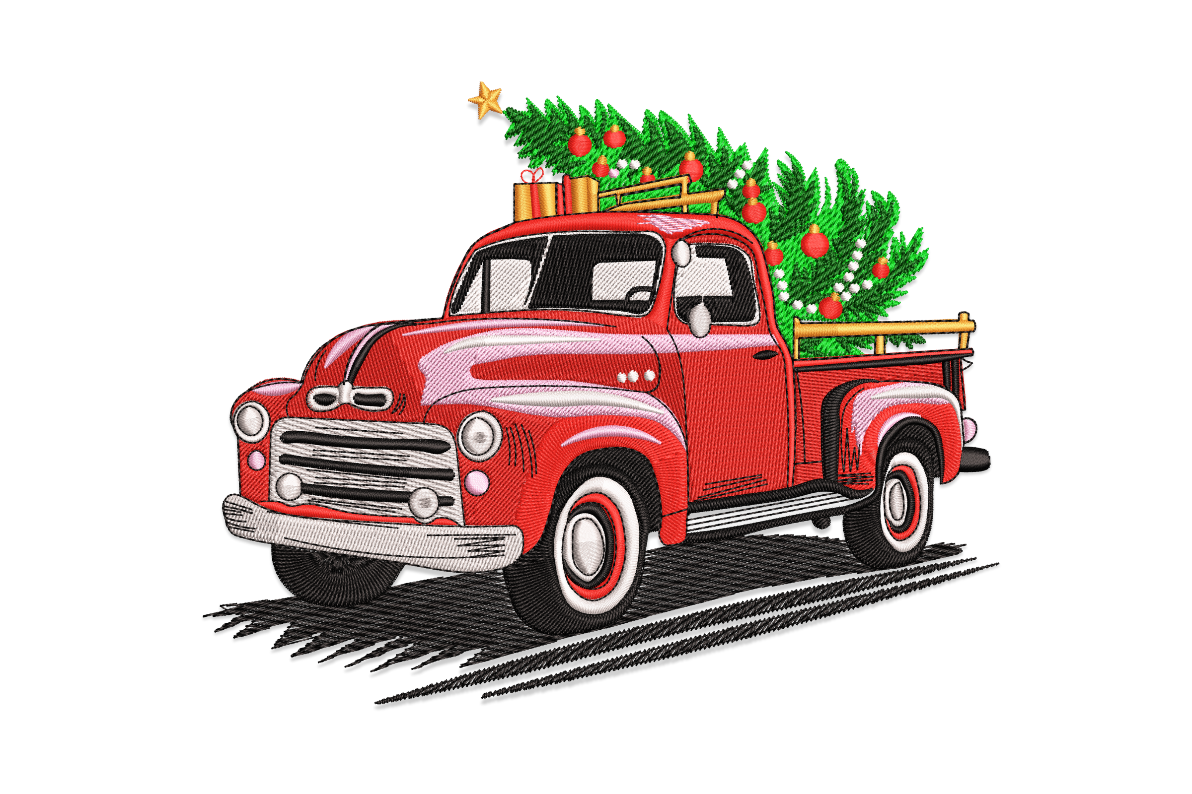 Vintage Red Truck with Tree – Christmas Embroidery Design