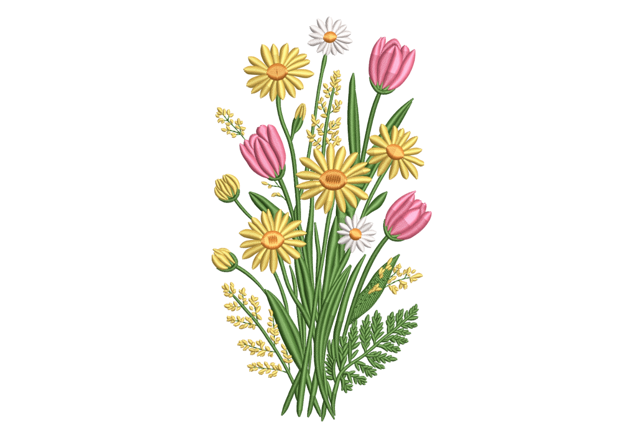 Tulip and Daisy Spring Bouquet – Machine Embroidery Design | Embroidize