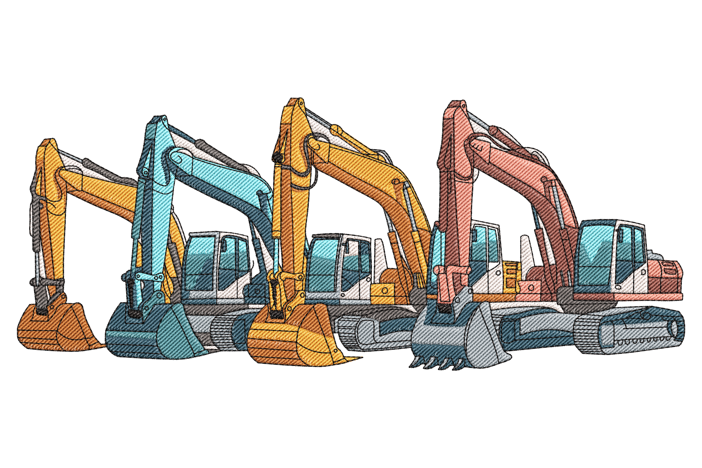 Excavators in a Row – Construction Machine Embroidery Design