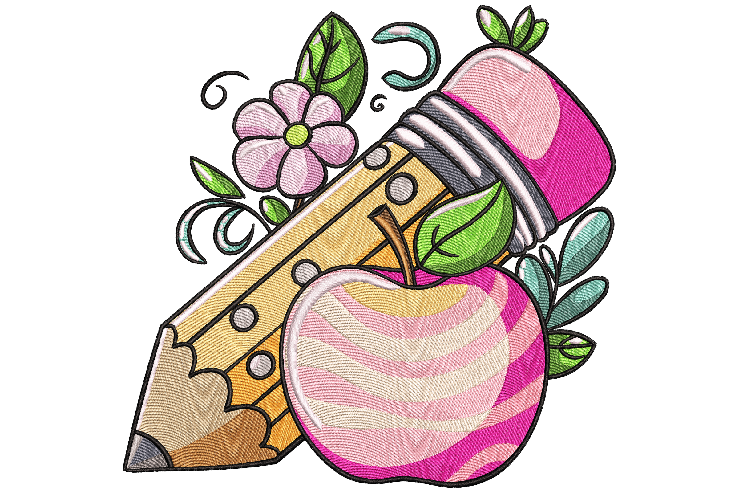 Pencil & Apple Floral – Teacher Embroidery Design