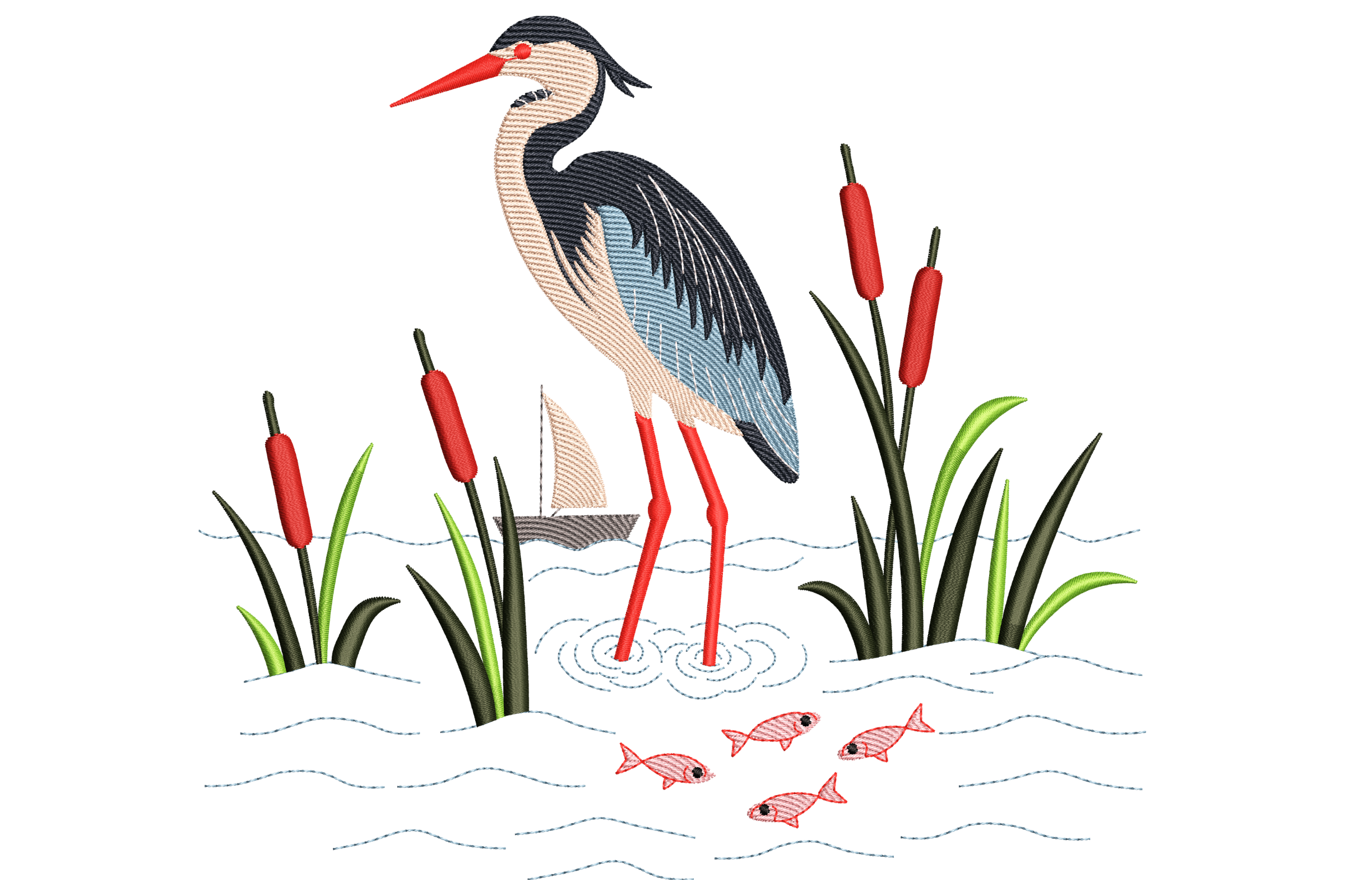 Heron Marsh Scene – Bird Machine Embroidery Design | Embroidize