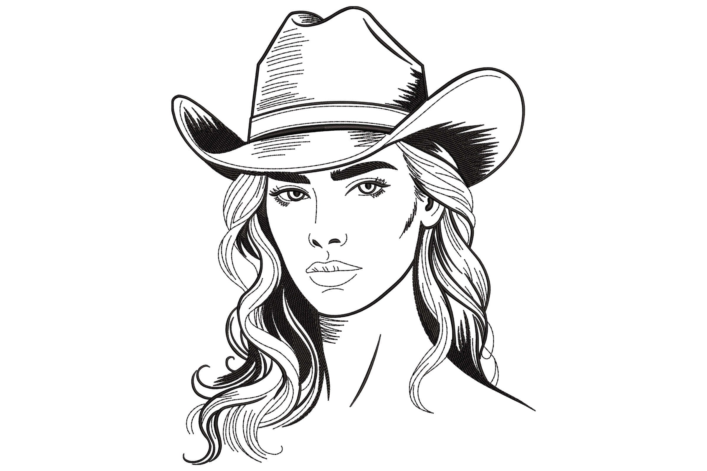 Cowgirl Hat Woman Outline – Line Art Embroidery Design