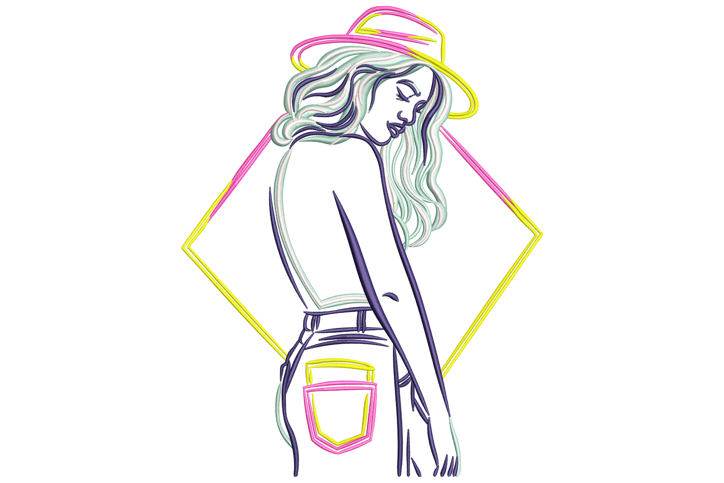 Neon Line Art Girl – Trendy Fashion Embroidery Design