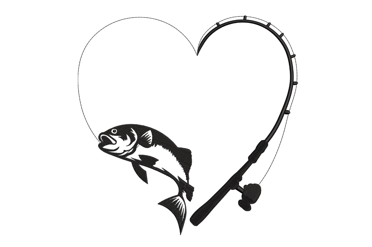 Fishing Heart – Bass & Rod Love Embroidery Design