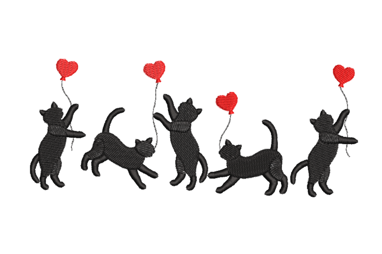 Playful Cats with Heart Balloons Embroidery Design