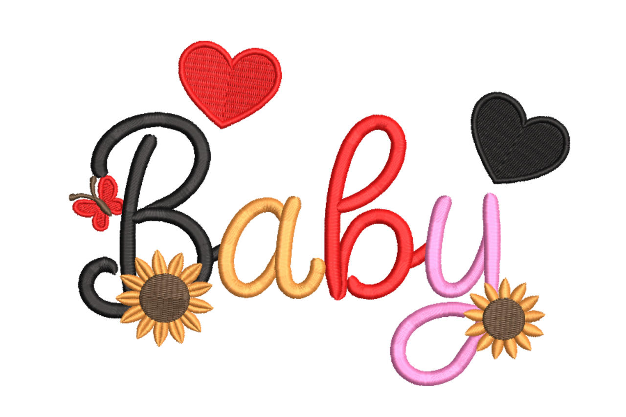Baby Script with Hearts & Sunflowers – Machine Embroidery Design ...