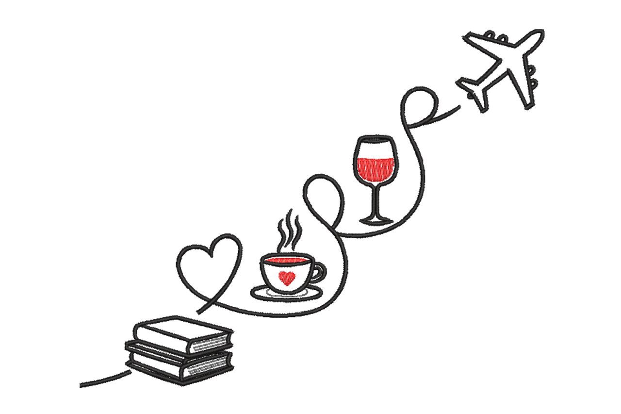 Books, Coffee, Wine & Travel Line Art Embroidery Design