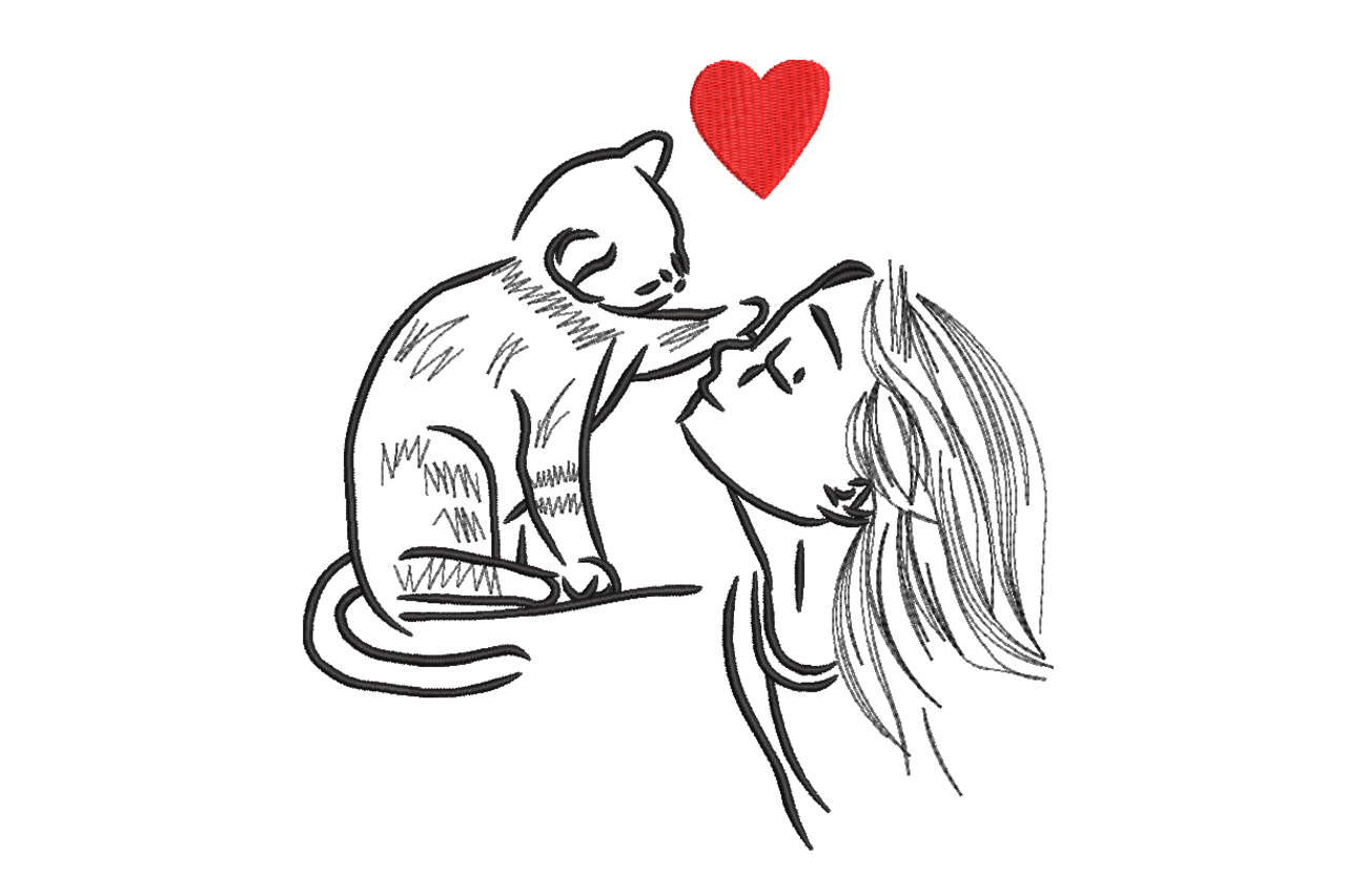 Girl & Cat Love – Minimal Line Embroidery Design