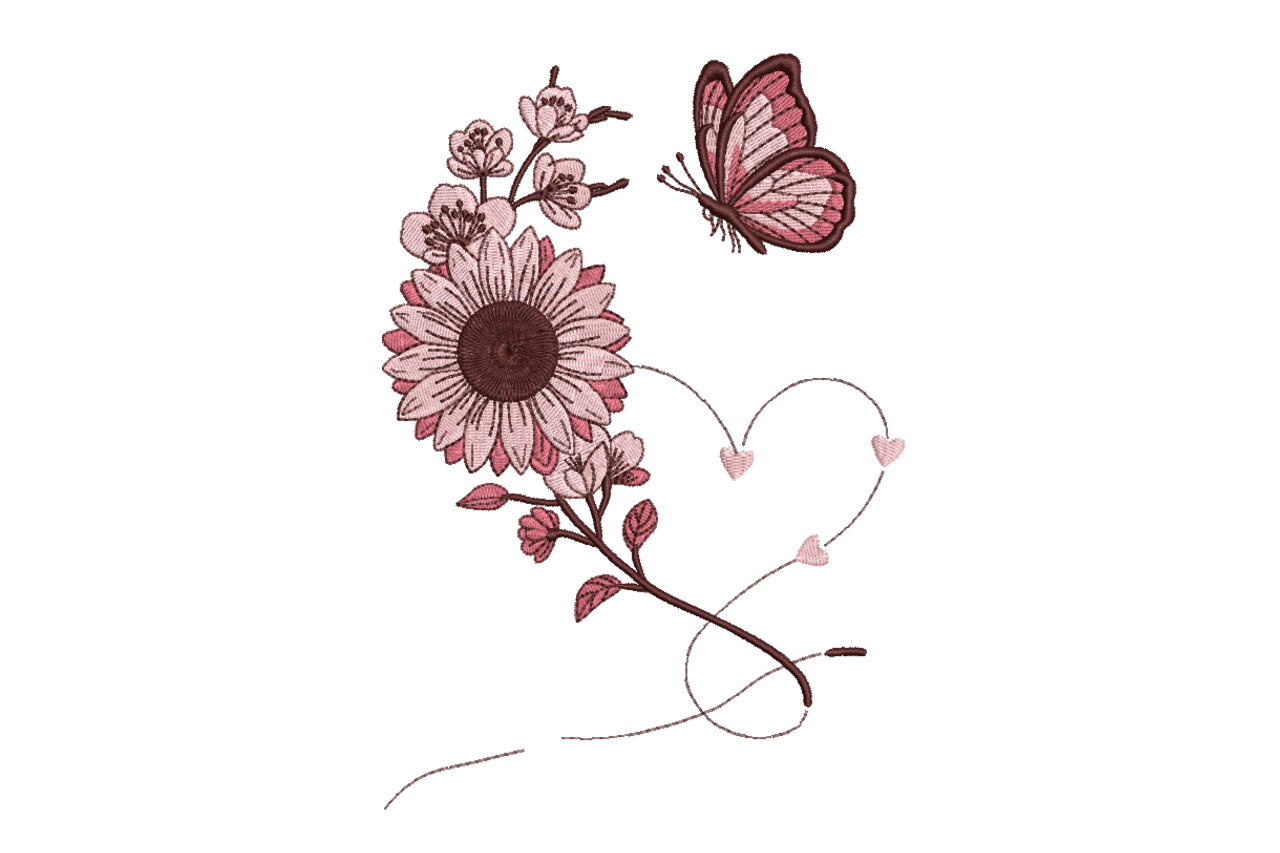 Sunflower Heart & Butterfly – Floral Machine Embroidery Design | Embroidize