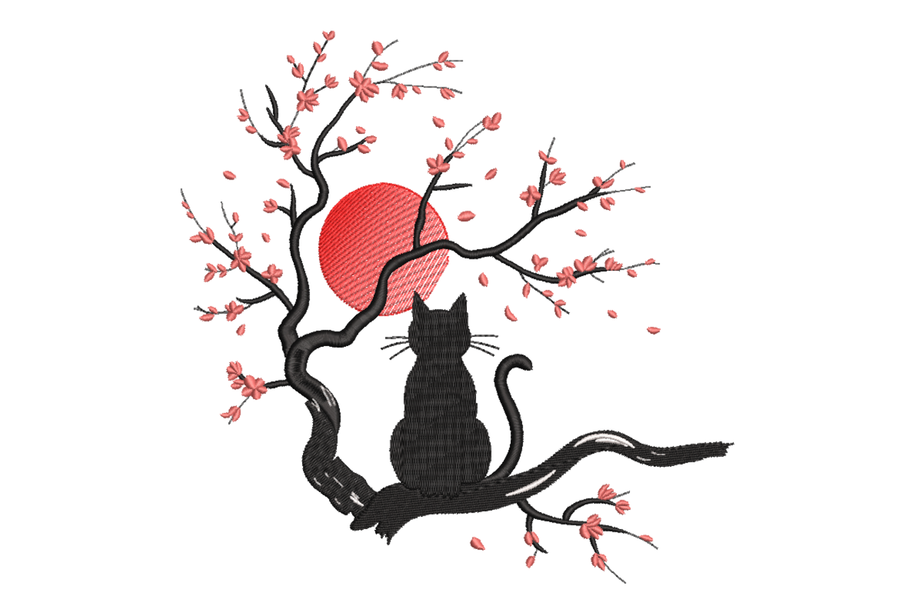 Cat Under Cherry Blossom Tree Embroidery Design