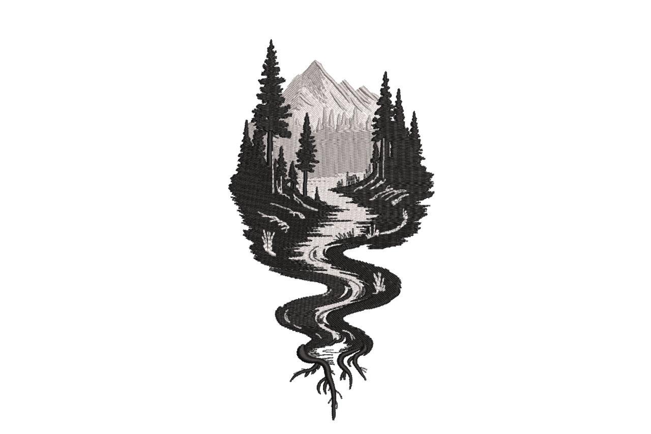 Mountain River Forest Scene – Embroidery Design