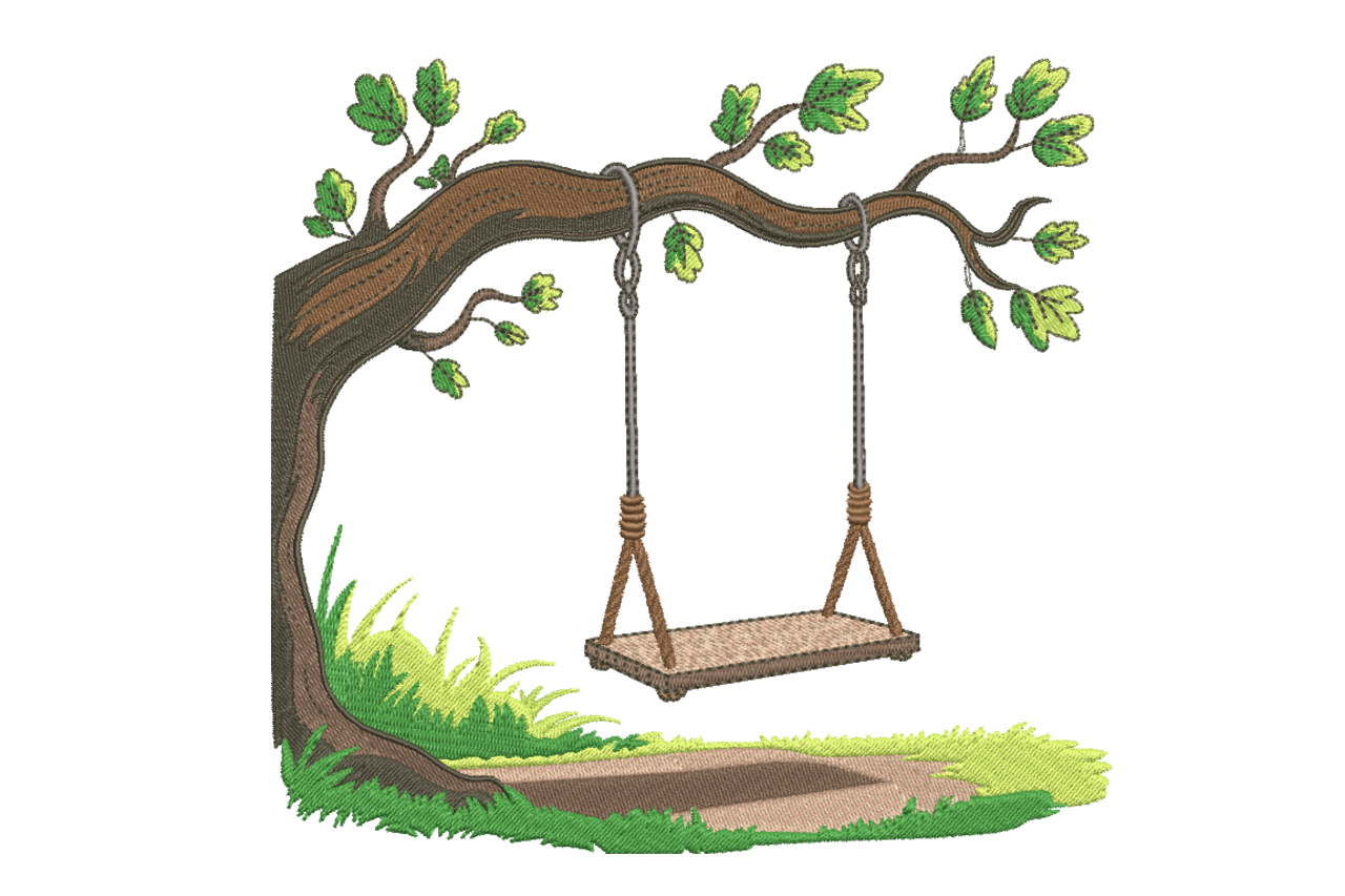 Rustic Tree Swing Scene Embroidery Design