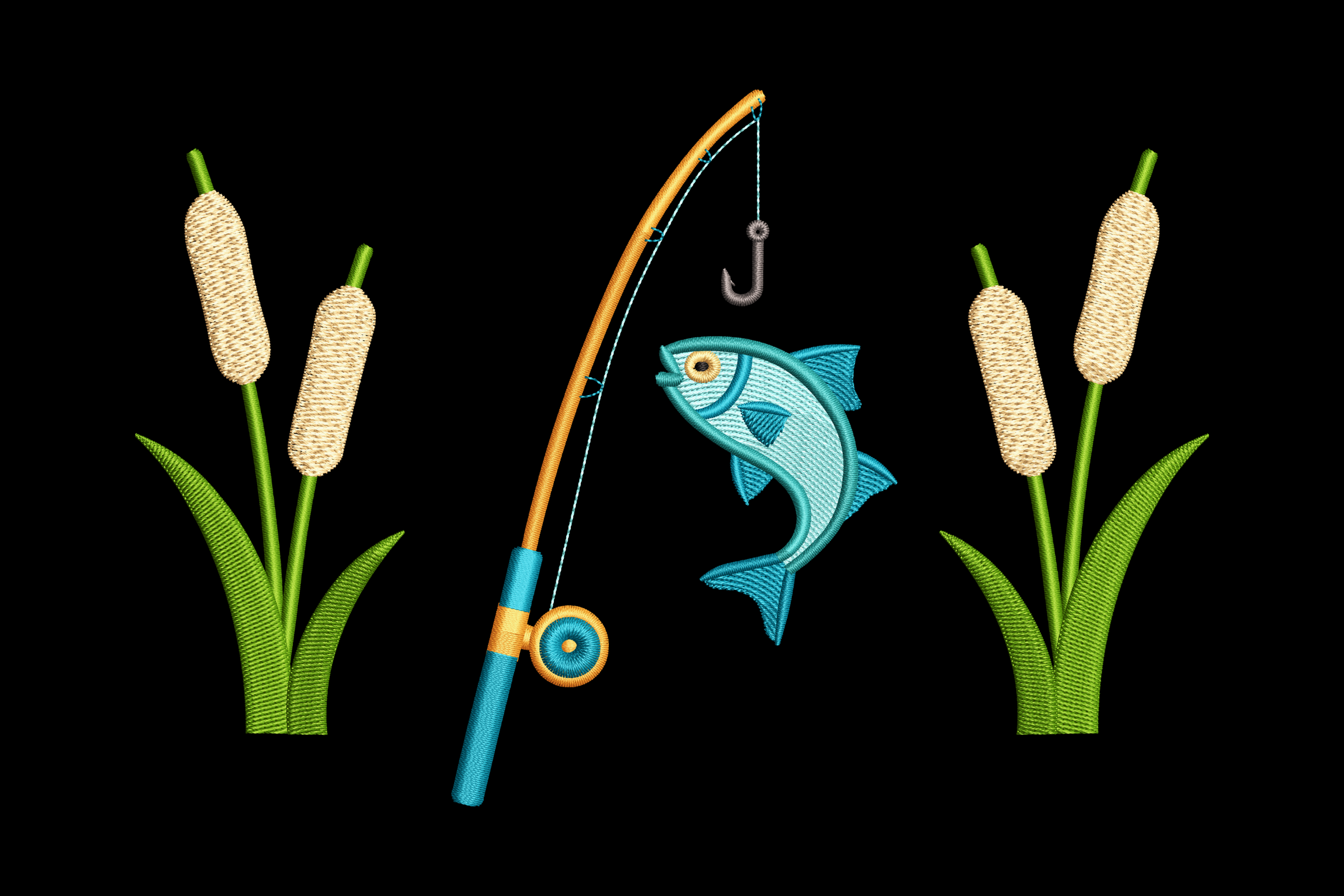 Fishing Rod & Jumping Fish Embroidery Design