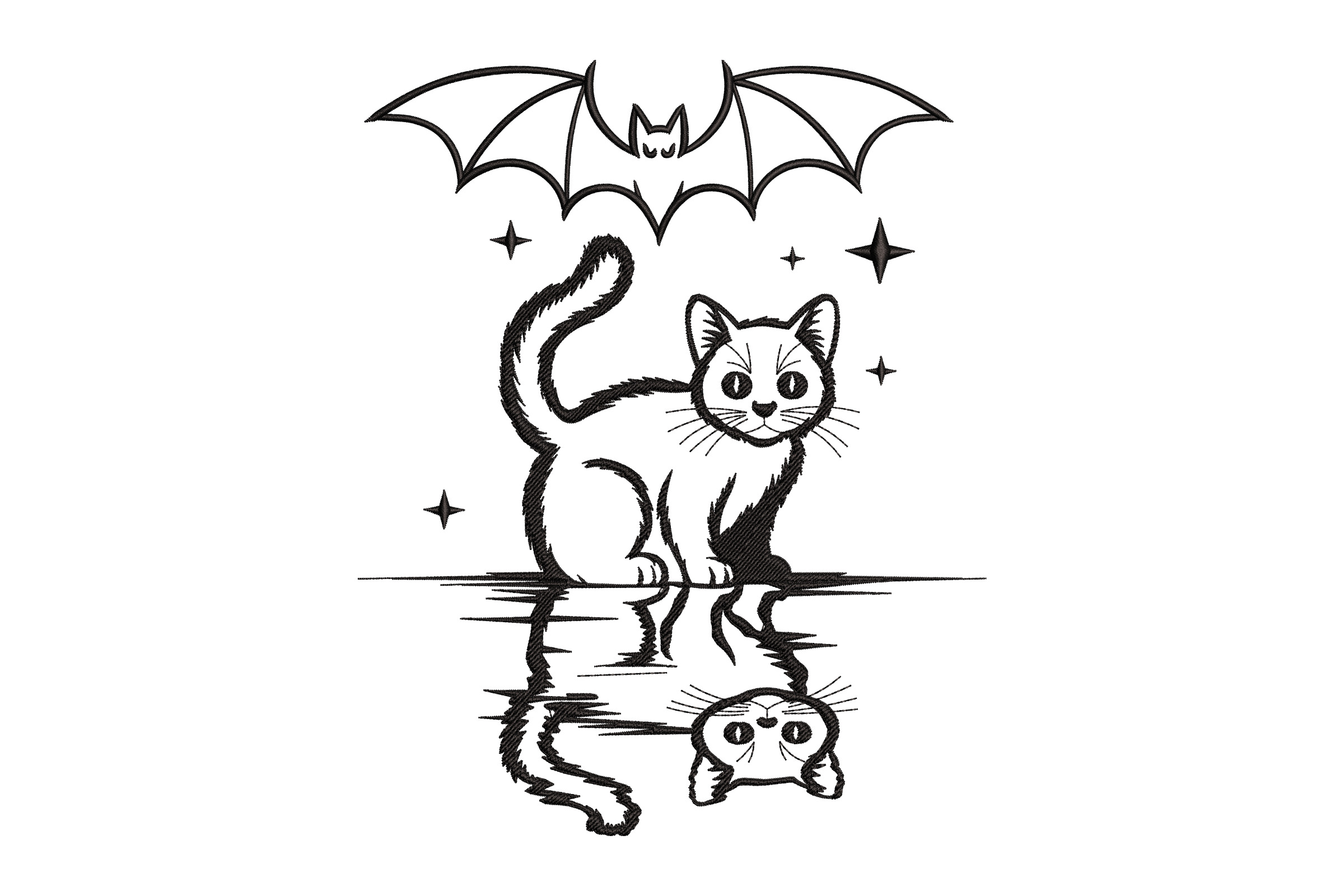 Mystical Cat & Bat Reflection – Spooky Embroidery Design