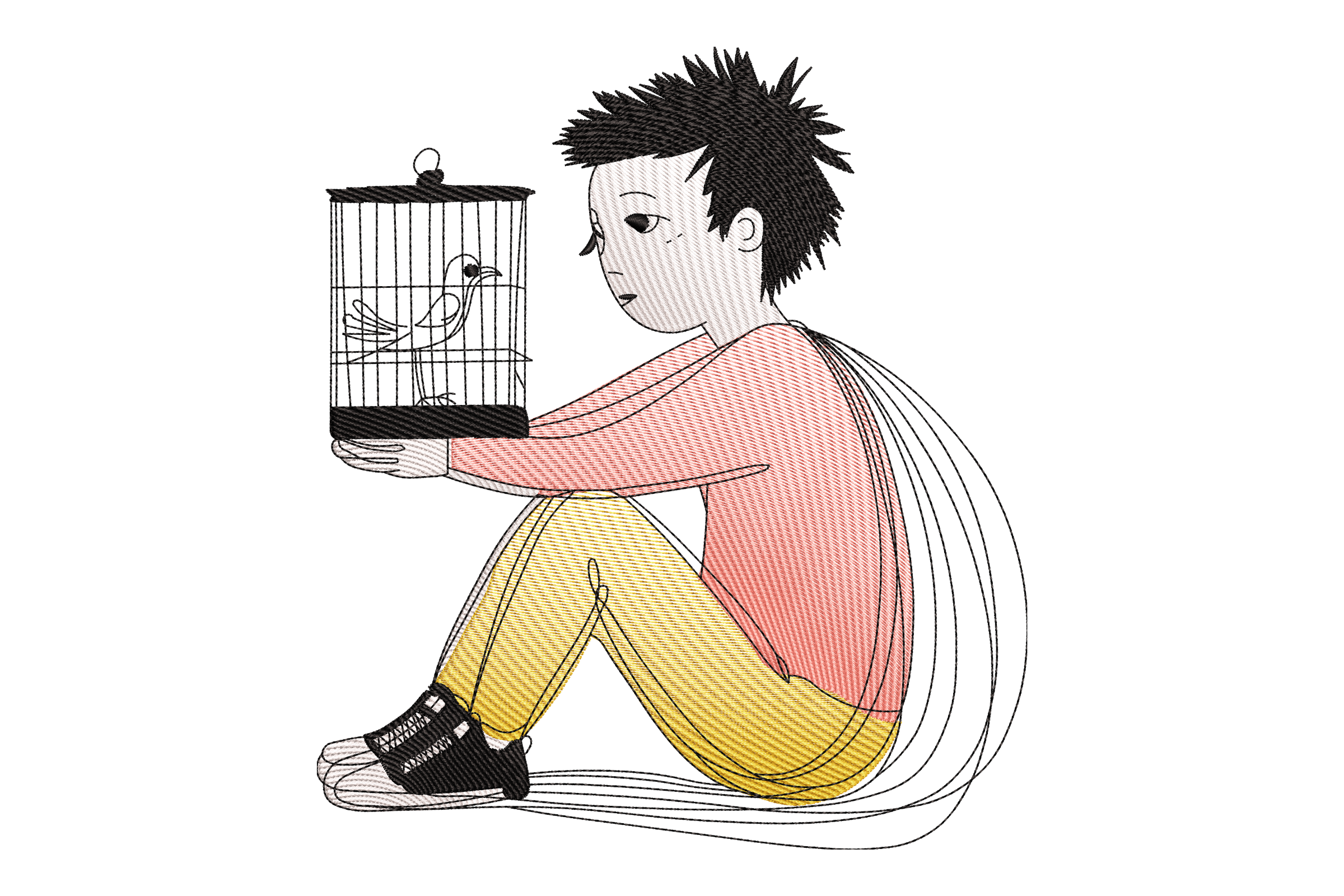 Boy with Caged Bird – Thoughtful Minimalist Embroidery Design