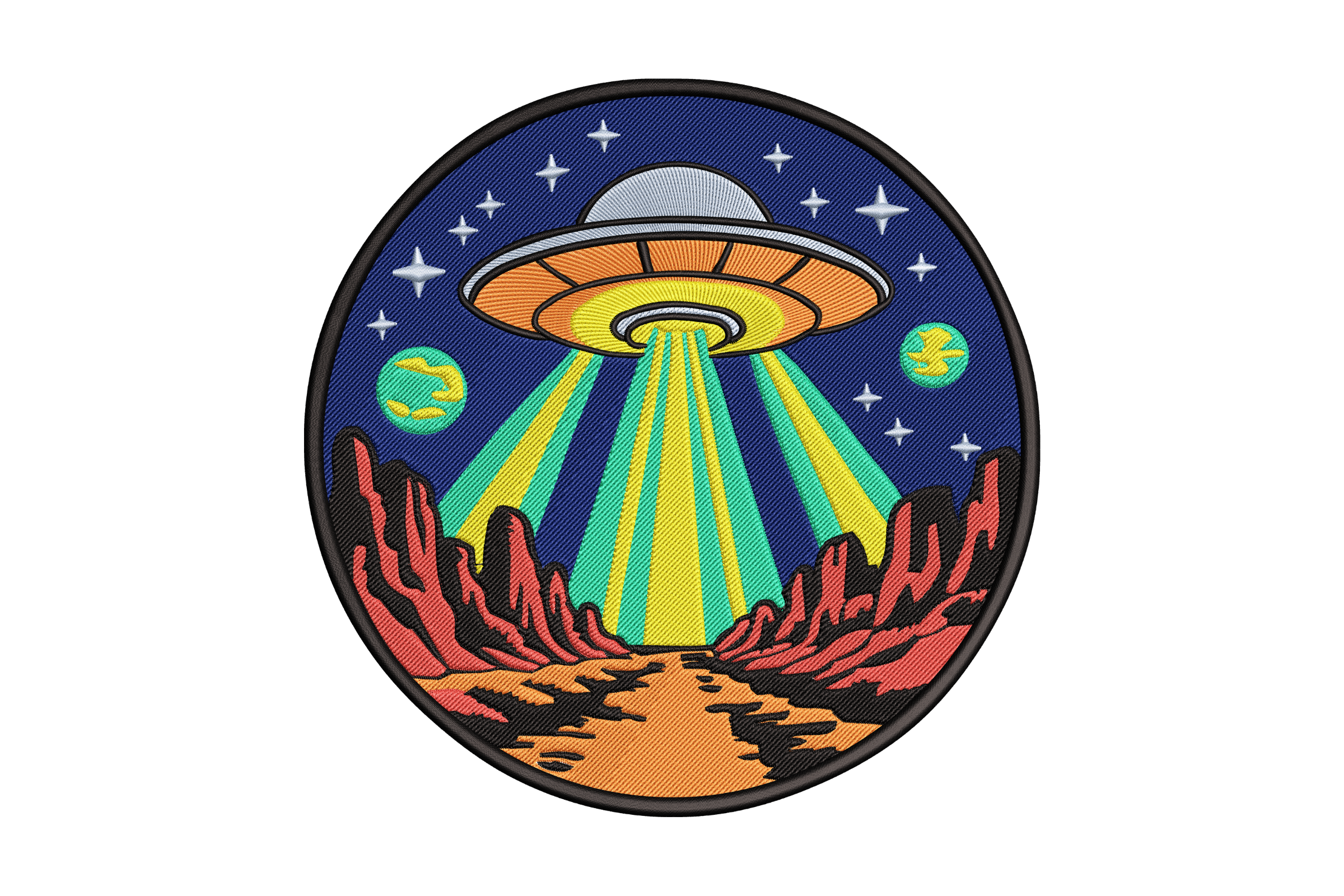 Retro UFO Desert Scene – Sci-Fi Machine Embroidery Design