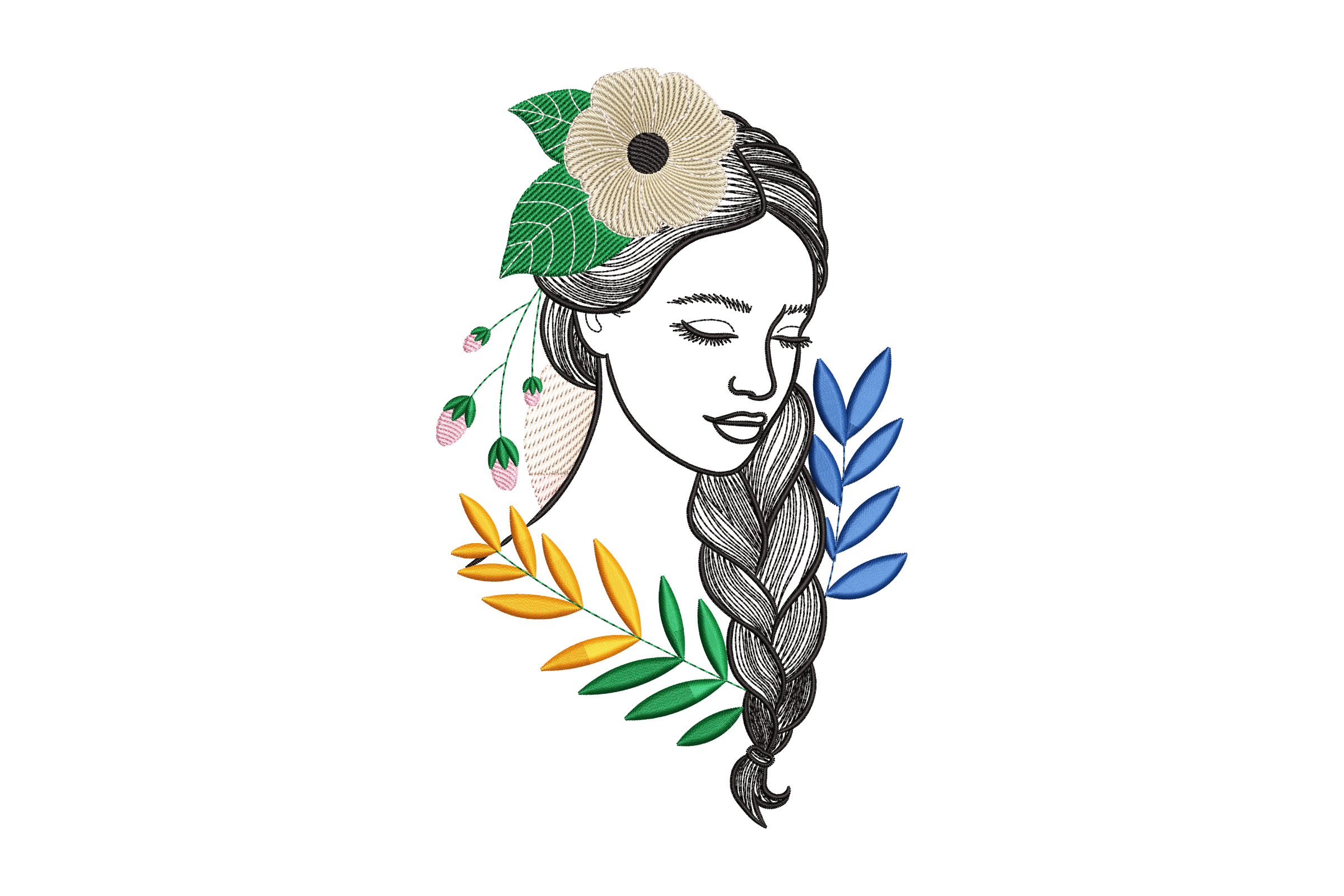 Boho Floral Woman Face Line Art Embroidery Design