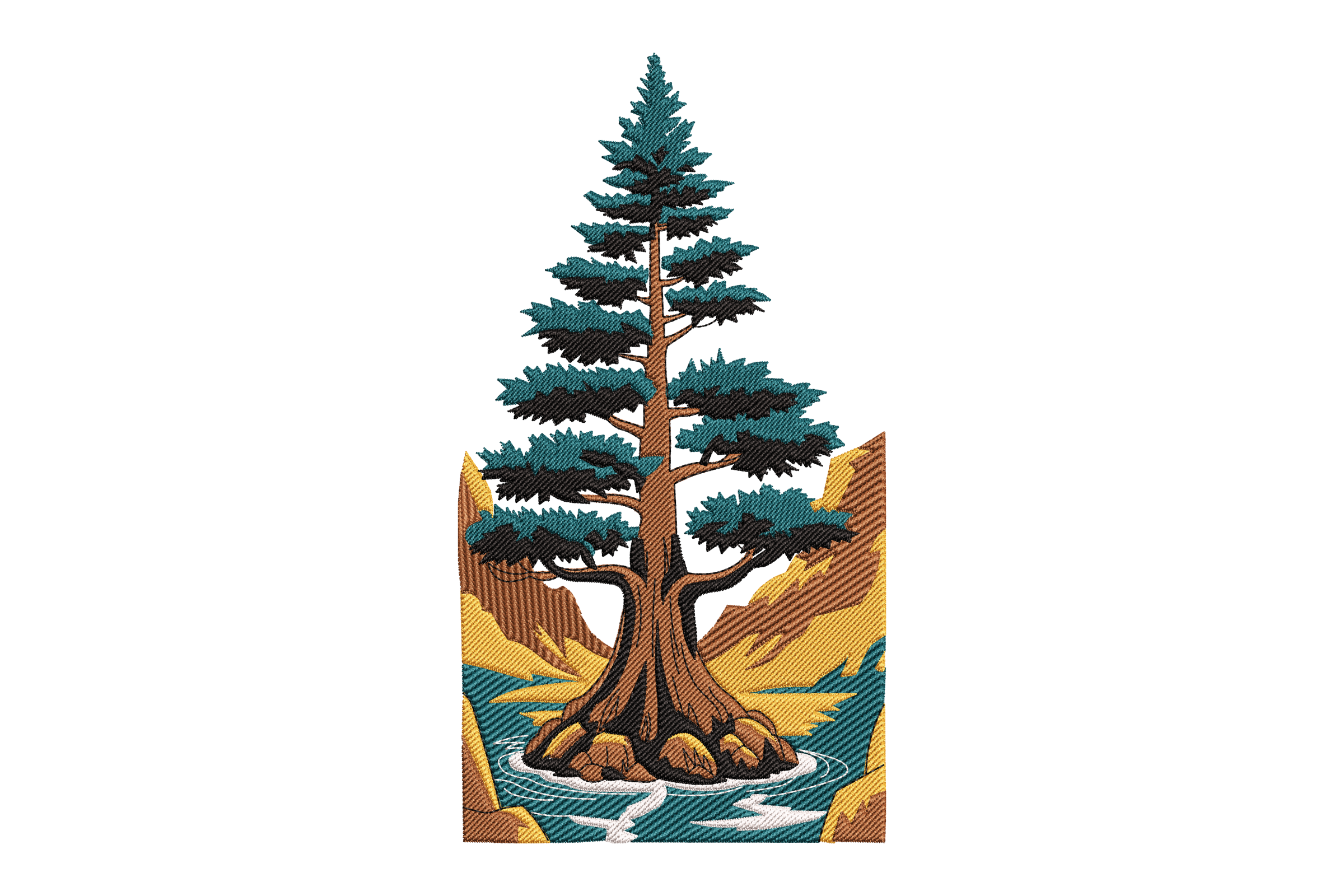 Majestic Pine Tree Mountain Scene Embroidery Design