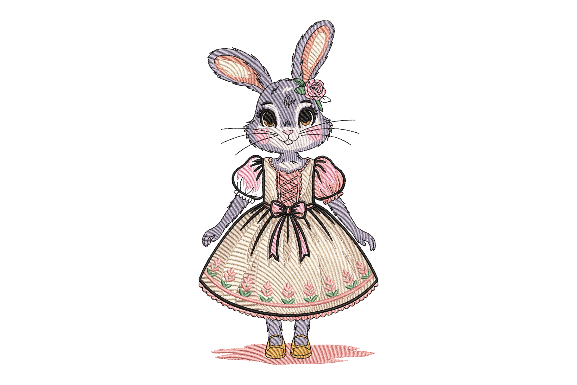 Vintage Bunny Girl in Floral Dress – Embroidery Design