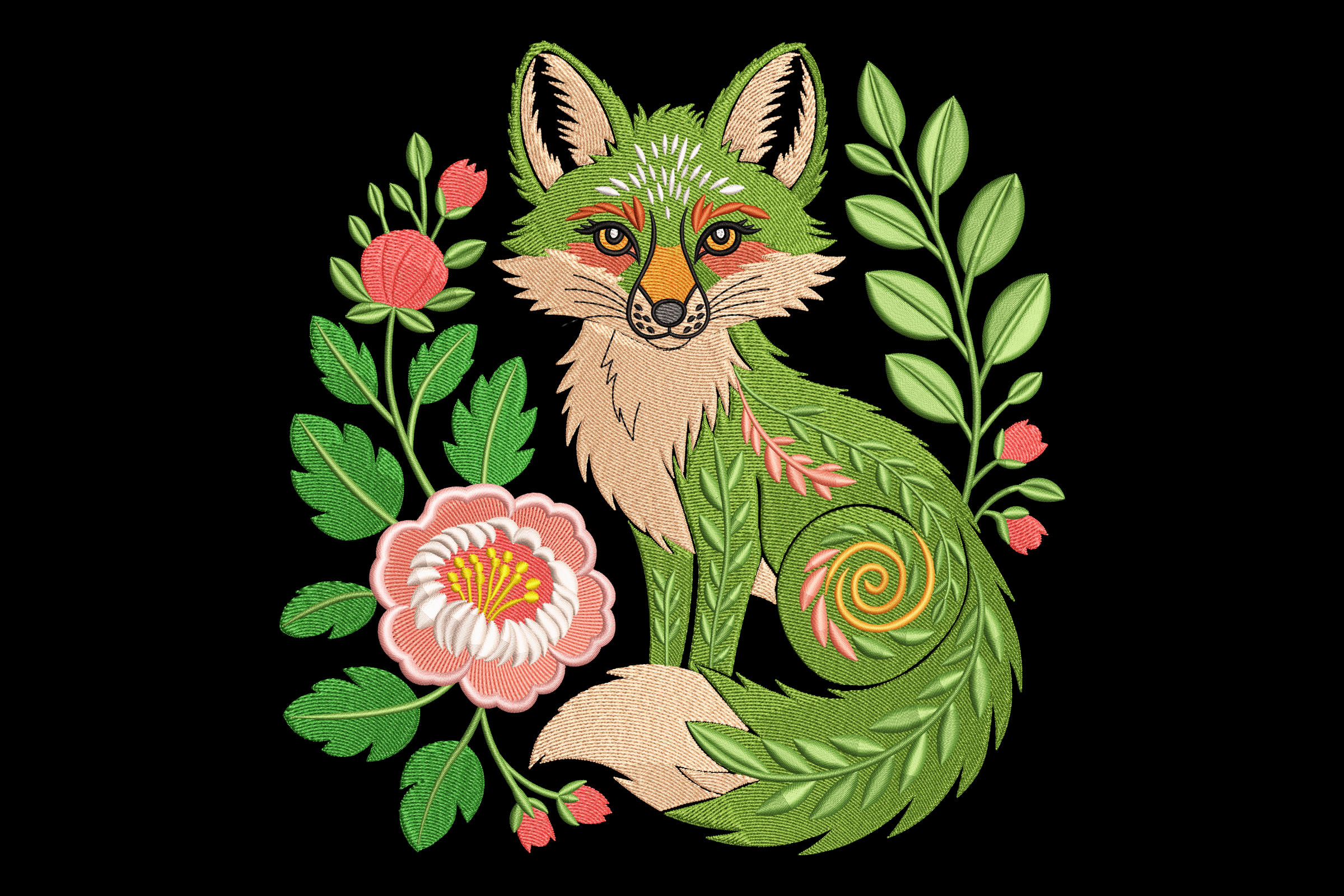 Green Floral Fox Machine Embroidery Design