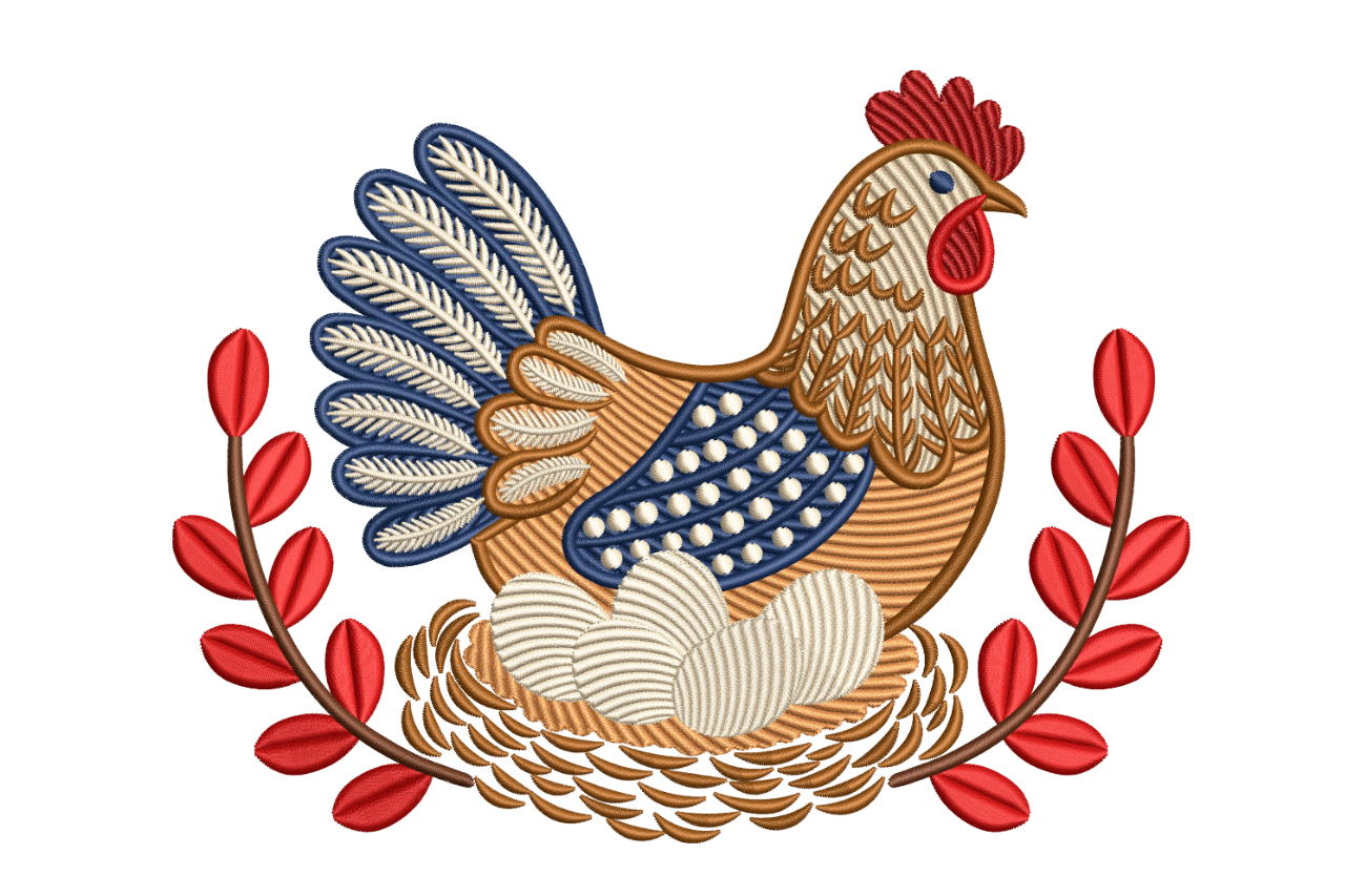 Hen with Eggs Folk Art Style Machine Embroidery Design