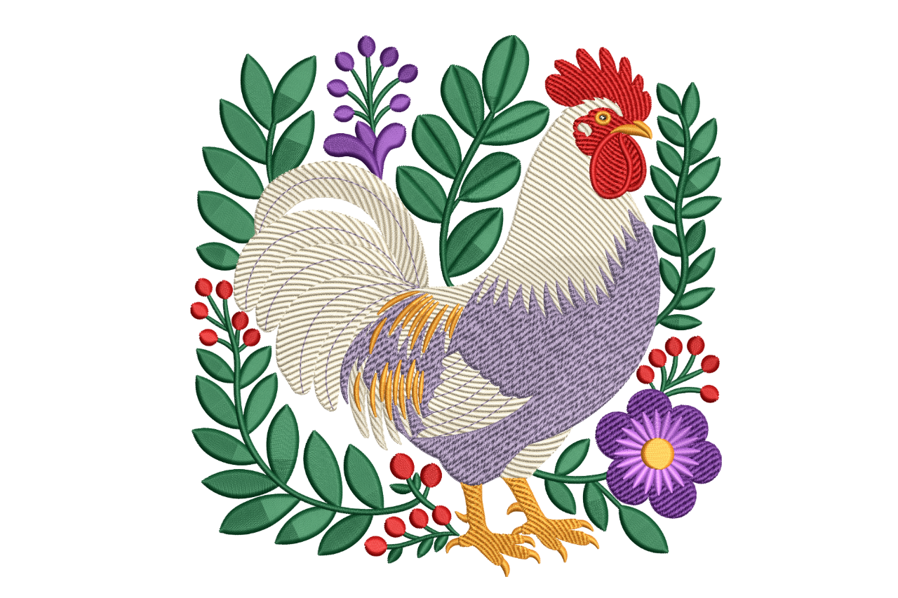 Rooster Floral Folk Art Machine Embroidery Design