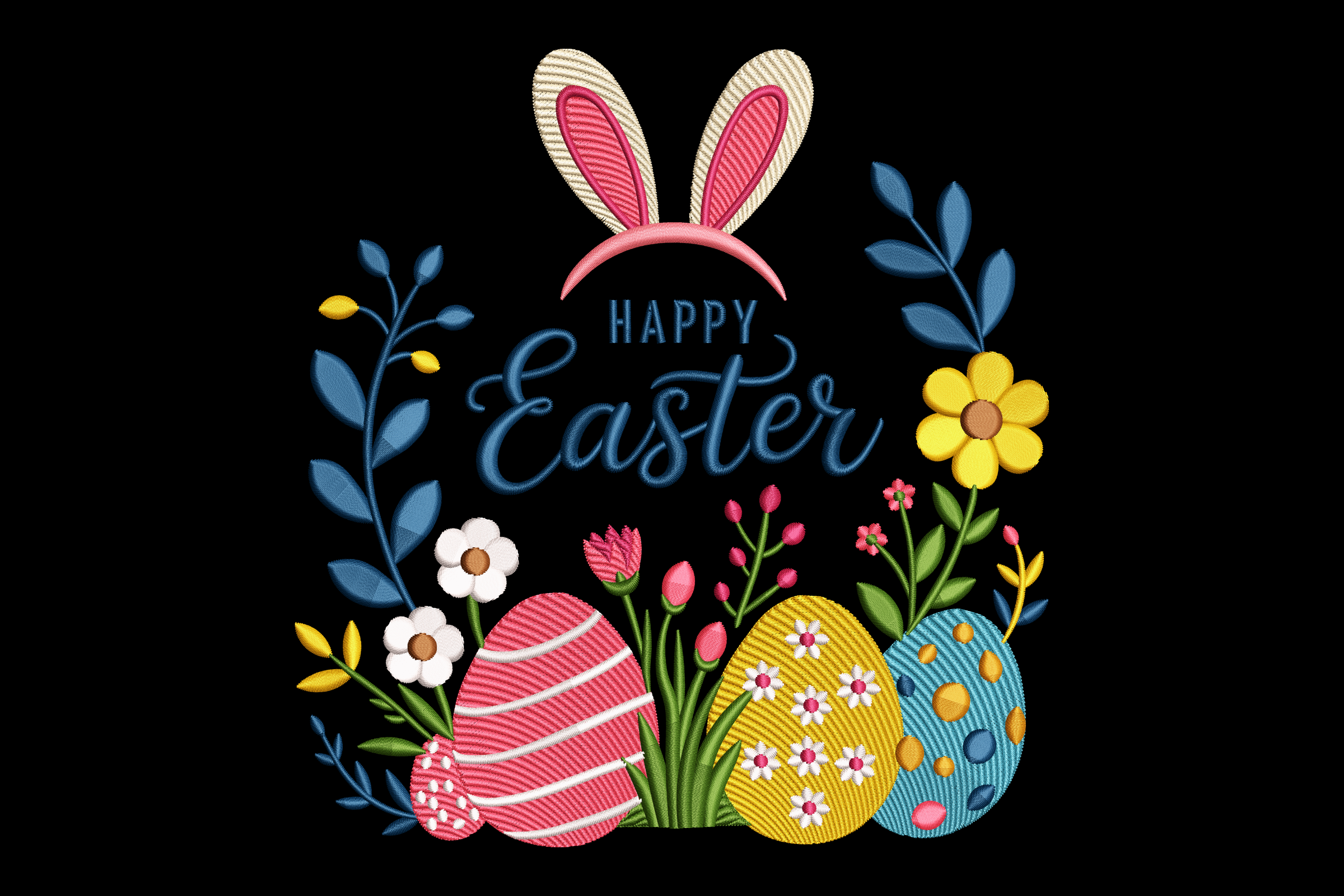 Happy Easter Bunny Ears Floral Eggs Machine Embroidery Design | Embroidize