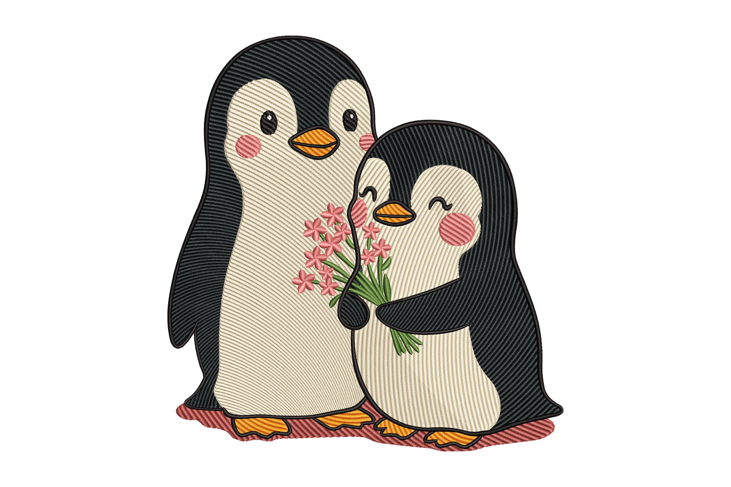Cute Penguin Couple Flowers Machine Embroidery Design