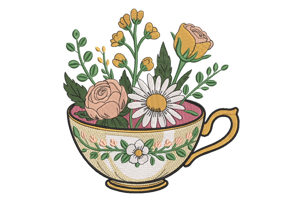Floral Teacup Bouquet Machine Embroidery Design