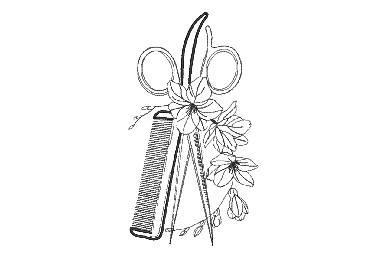 Floral Hair Stylist Scissors Comb Machine Embroidery Design