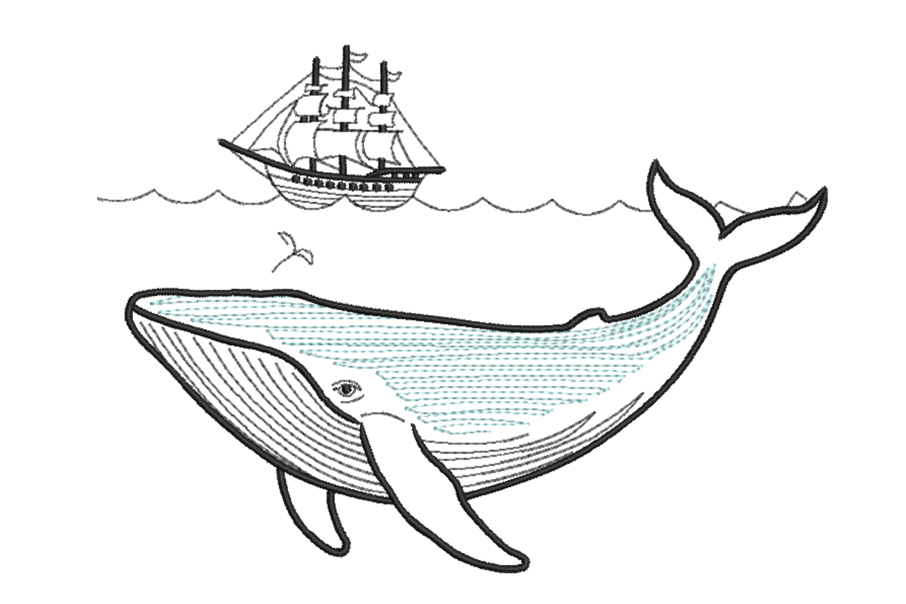 Minimalist Whale & Sailing Ship Machine Embroidery Design