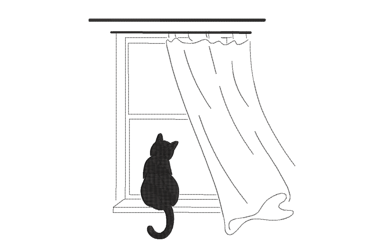 Black Cat by Window Minimalist Machine Embroidery Design