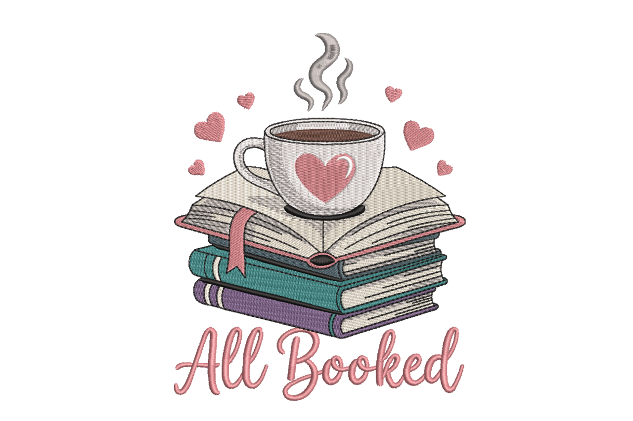 All Booked Coffee Cup & Book Stack Machine Embroidery Design