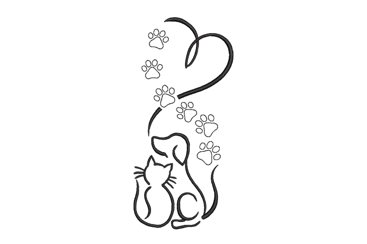 Minimalist Cat Paw Heart Line Art Machine Embroidery Design