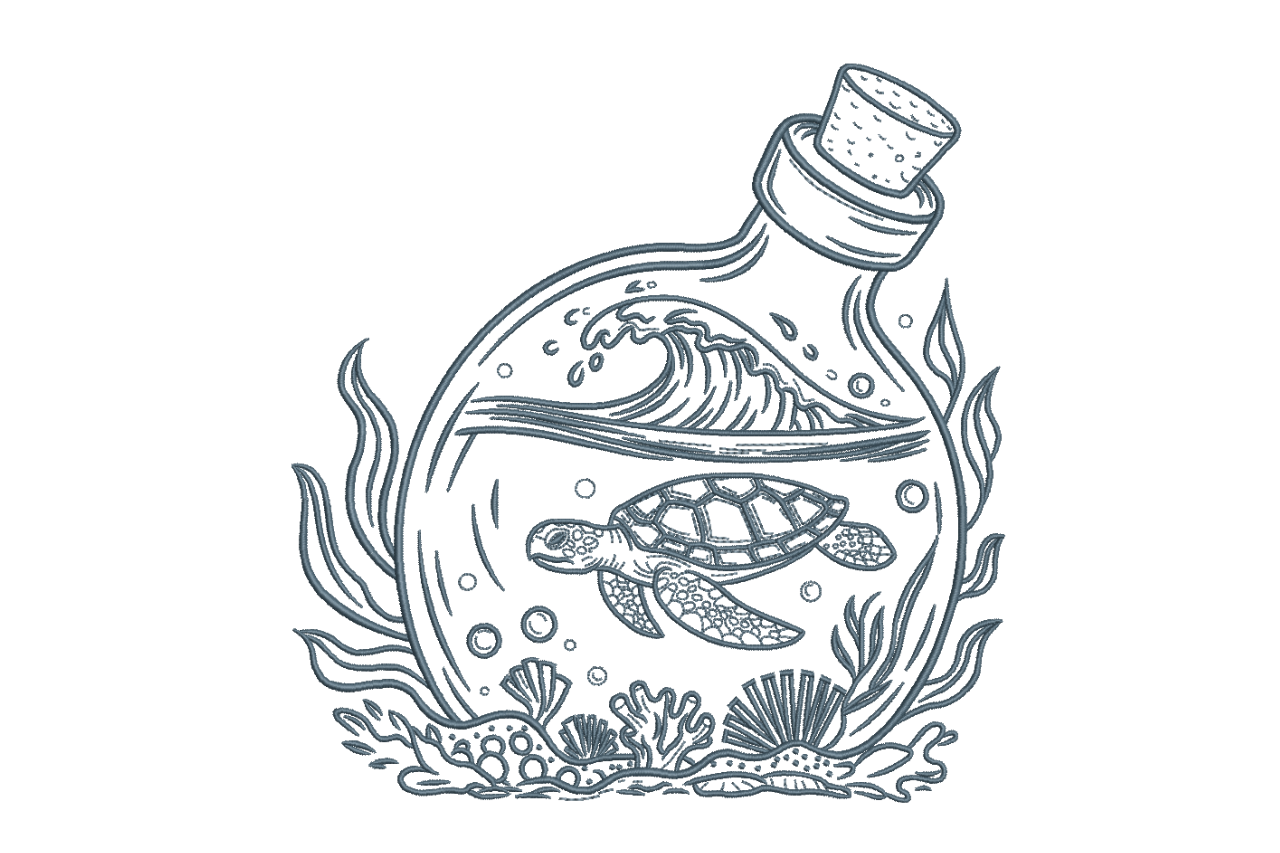 Ocean Turtle in Bottle Line Art Machine Embroidery Design