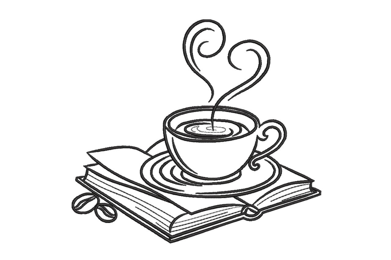 Coffee Cup on Book Line Art Machine Embroidery Design