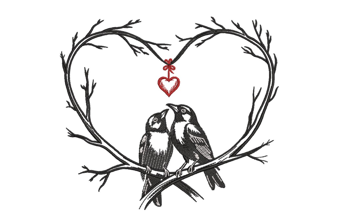 Love Birds Heart Branch Machine Embroidery Design