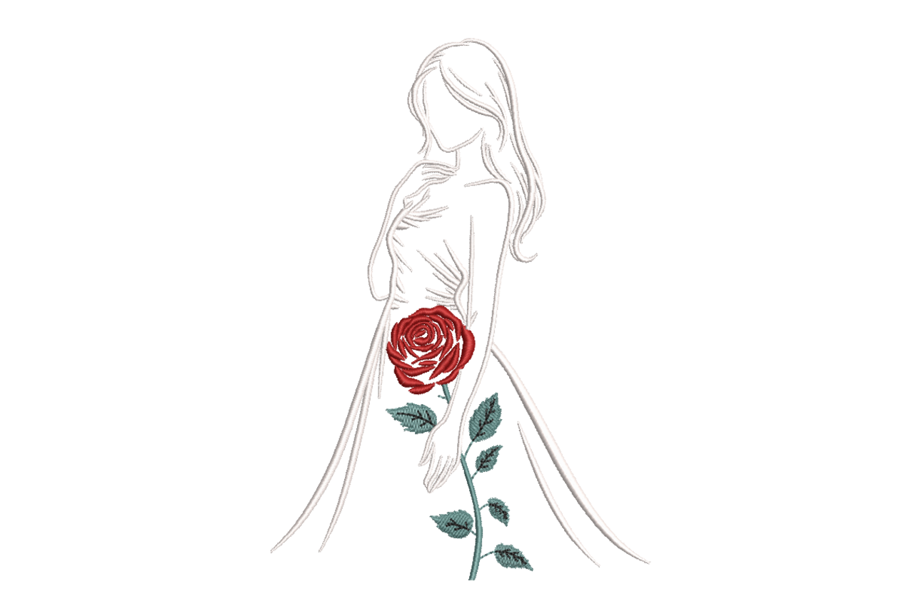 Elegant Woman with Rose Machine Embroidery Design