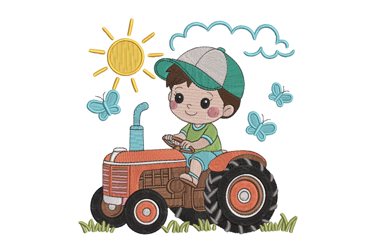 Boy Driving Tractor Machine Embroidery Design