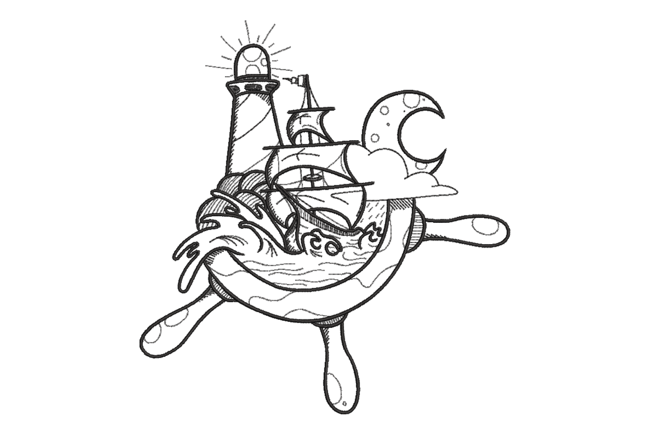 Nautical Lighthouse Ship Line Art Machine Embroidery Design