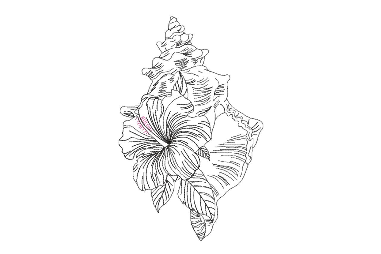 Tropical Hibiscus Seashell Line Art Machine Embroidery Design