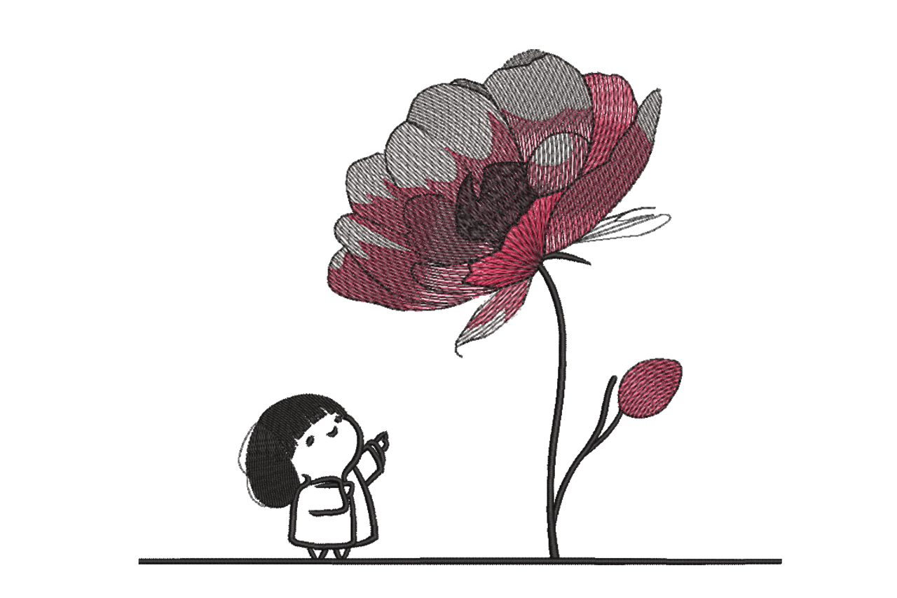 Little Girl and Giant Bloom Flower Machine Embroidery Design