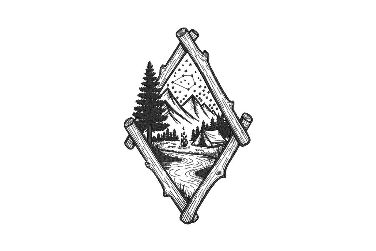 Rustic Mountain Camping Scene Machine Embroidery Design