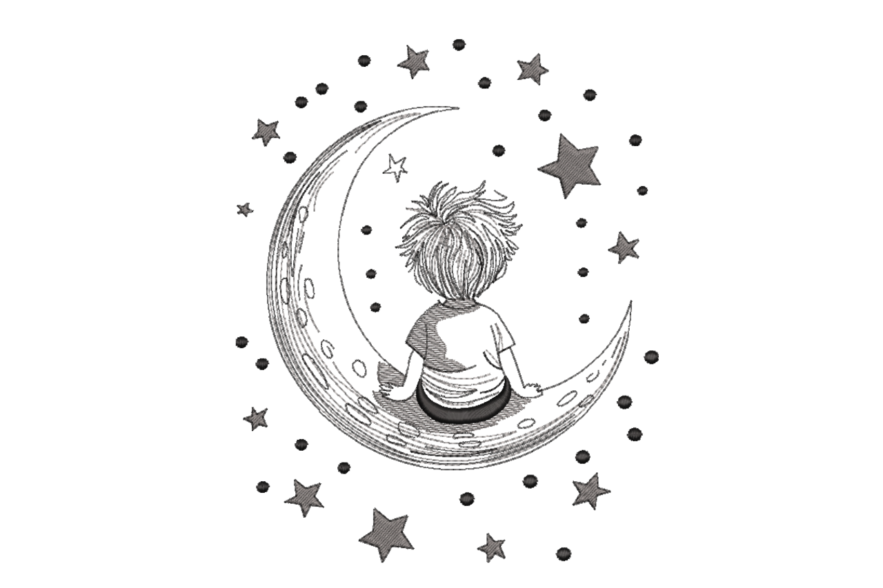 Boy Sitting on Moon Stars Machine Embroidery Design