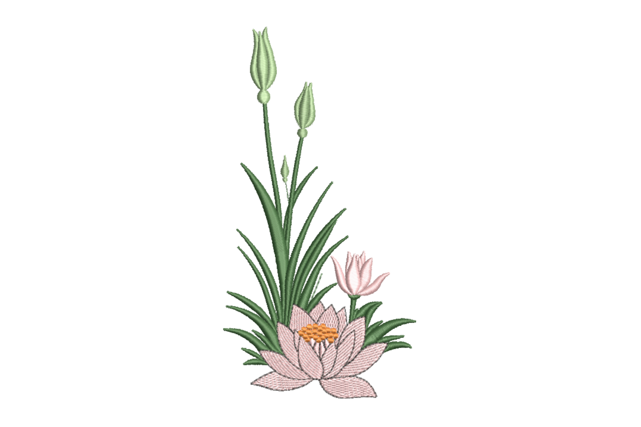 Pink Lotus Blossom Pond Floral Machine Embroidery Design